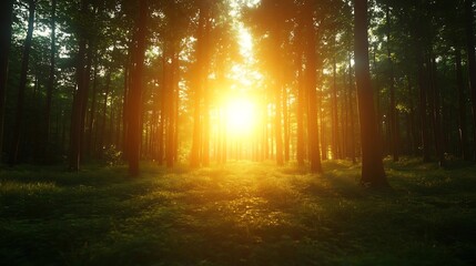 Obraz premium Golden hour in the woods: Sunlight beaming through the dense forest trees