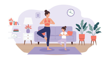 A mother and daughter are doing yoga together at home, isolated on white background they are in tree pose with arms extended and are having a great time