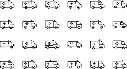 Collection of Minimal Line Icons Representing Various Vehicles Including Cars, Trucks, Buses, Motorcycles, Bicycles, Construction Equipment, and Emergency Vehicles
