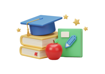 Isolated Graduation Cap, Stack of Books, Red Apple, and Notebook