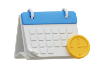 Isolated White Calendar with Blue Accents and Gold Clock Icon