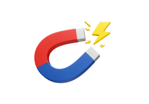 Isolated Red and Blue Horseshoe Magnet with Yellow Lightning Bolts