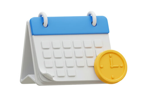 Isolated White Calendar with Blue Accents and Gold Clock Icon