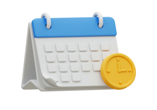 Isolated White Calendar with Blue Accents and Gold Clock Icon