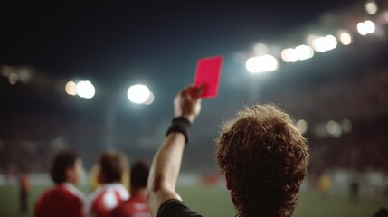 Referee raises a red card during an intense nighttime football match, highlighting sportsmanship and game rules enforcement.