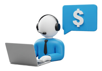 Isolated 3D Character with Headset, Laptop, and Dollar Speech Bubble