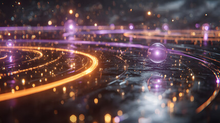 Futuristic quantum calculation with glowing entangled particles and energy circuits in radiant purple and orange neon light