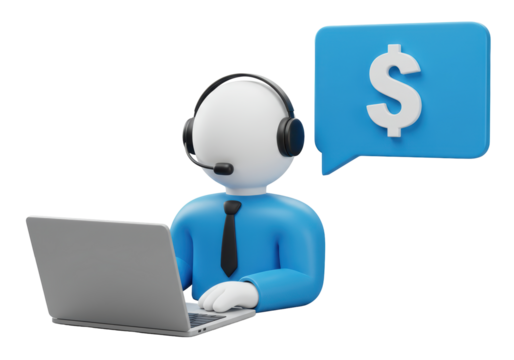 Isolated 3D Character with Headset, Laptop, and Dollar Speech Bubble