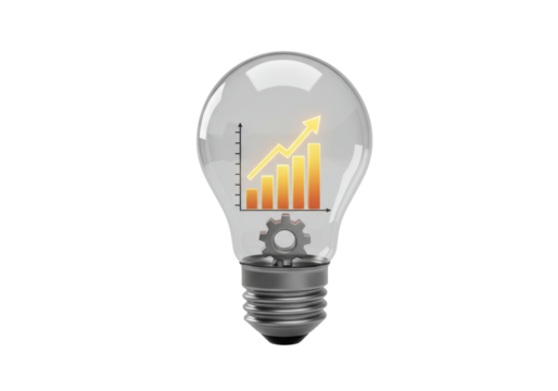 Isolated Light Bulb with Growing Bar Chart and Gear Inside