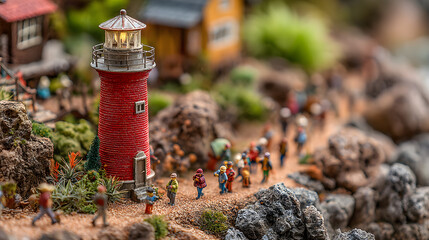 A charming miniature lighthouse stands tall on a rocky shore, surrounded by tiny figures exploring the vibrant landscape. Sunlight bathes the scene, capturing the whimsy of coastal adventure.