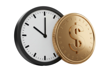 Isolated Clock and Golden Dollar Coin, Time is Money Concept 3D Render