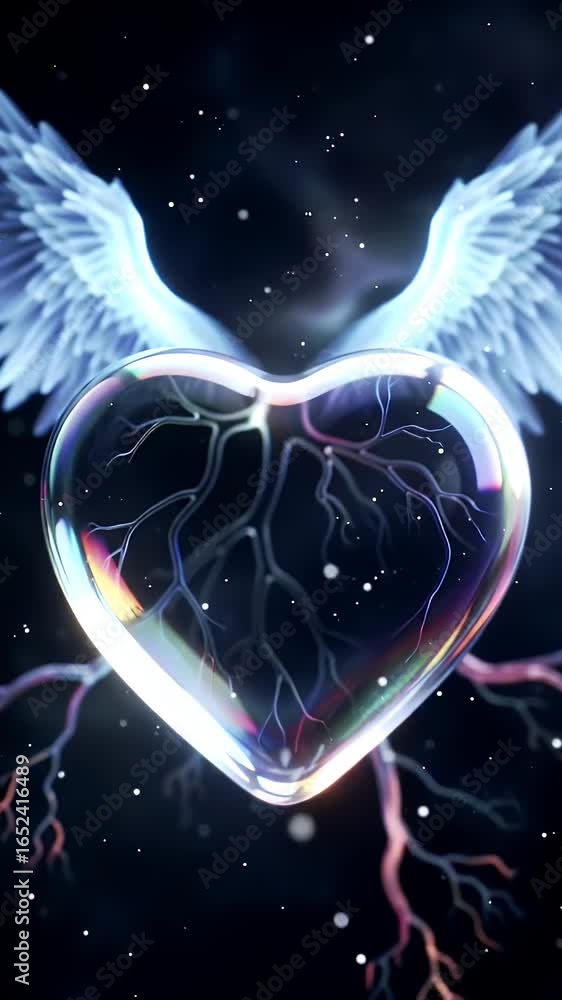 Poster glowing stylized anatomical heart crafted from translucent crystal rotating against hexagonal cellul