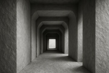 Fototapeta premium A monochromatic corridor leading to an ethereal light at the end