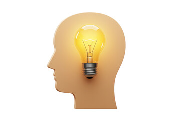 Isolated Human Head with Glowing Light Bulb Inside, Idea and Creativity Concept 3D Render