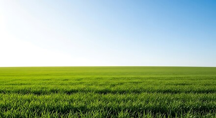 Obraz premium Lush green grass field stretching to the horizon under a clear blue sky, a serene and idyllic spring landscape symbolizing growth and nature's simplicity.