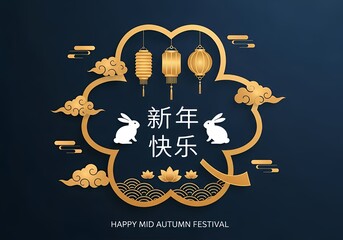 Mid-Autumn Festival Celebration Elegant Gold Lanterns, Adorable Rabbits, and Festive Decorations on a Dark Background.
