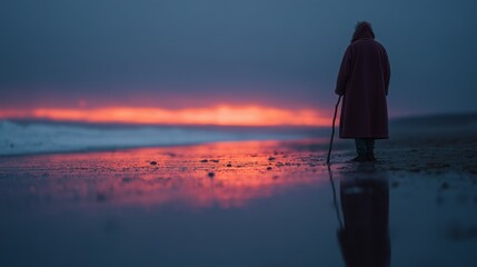 Fototapeta premium Solitary figure stands on the beach with a walking stick, gazing at an intense, colorful sunset reflecting on wet sand.