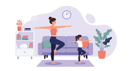 A mother and daughter are doing yoga together at home, isolated on white background they are in tree pose with arms extended and are having a great time
