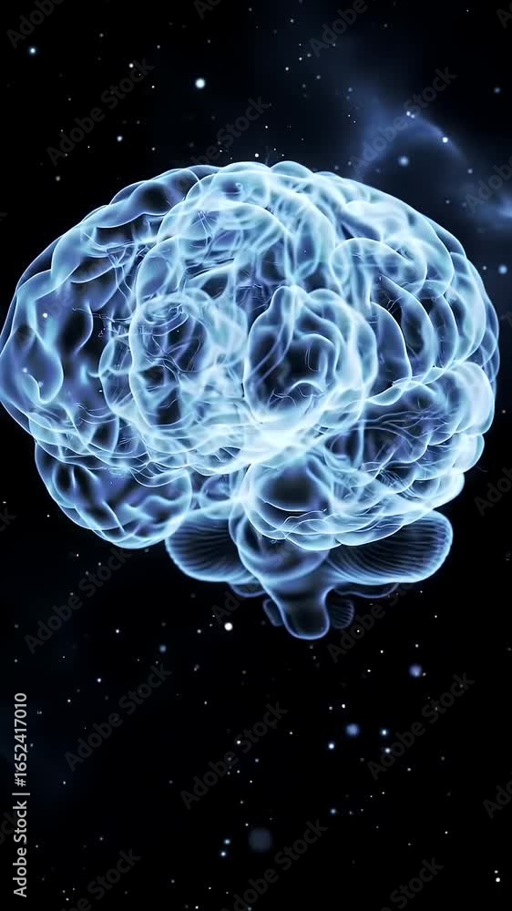 Poster glowing translucent anatomical brain model rotating against starry nebula backdrop in teal and viole