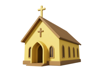 Isolated 3D Render of a Yellow Church Building with Cross, Religious Symbol