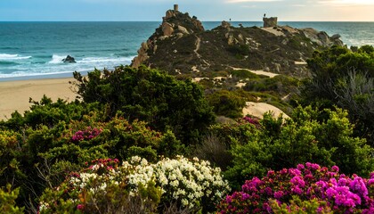 Coastal landscape with flowers and rocks