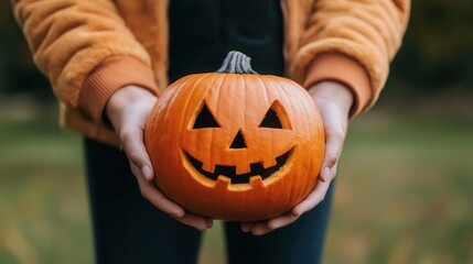 halloween concept. Person holding a carved pumpkin with a smiling face.