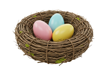 Isolated Bird's Nest with Three Pastel Easter Eggs 3D Render