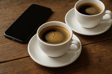 Obraz premium A pair of freshly brewed cups awaits a sip, while a smartphone rests nearby, bridging the gap between technology and the simple pleasure of coffee