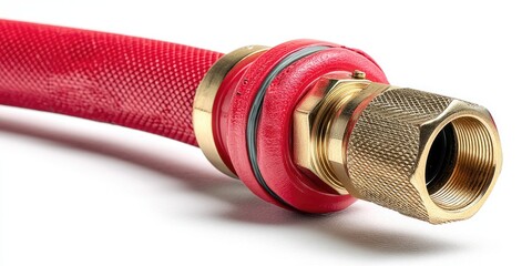Red fire hose with brass fittings, isolated on a white background, detailed photograph, award-winning photography.