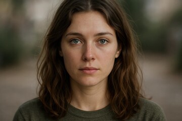 A woman with piercing blue eyes gazes into the distance, her curly brown hair framing her face in a soft focus that highlights her thoughtful expression