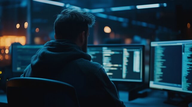Man coding on computers at night. Cybersecurity and hacking concept.