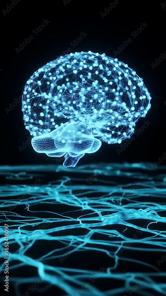 Poster holographic stylized brain outline formed from blue neural network in dark background a digital 3d r