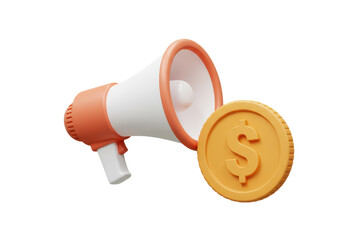 Isolated 3D Render: Megaphone and Dollar Coin Symbolizing Financial Announcement and Promotion