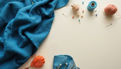 Creative sewing action with blue fabric and thread craft workspace diy environment flat lay view