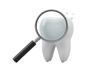 Isolated 3D Render: Magnifying Glass Inspecting a Clean, Sparkling Tooth, Symbolizing Dental...