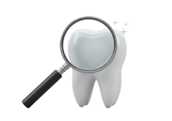 Isolated 3D Render: Magnifying Glass Inspecting a Clean, Sparkling Tooth, Symbolizing Dental Examination