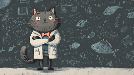 Digital drawing of a cute, fluffy cat wearing a lab coat and a bow tie, standing in front of a chalkboard with scientific drawings of fish.