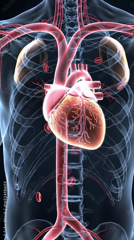 Poster human circulatory system 3d animation featuring translucent skeleton heart arteries and circulating 