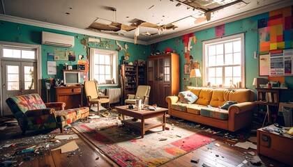 Decayed living room interior with peeling paint, damaged ceiling, and scattered debris