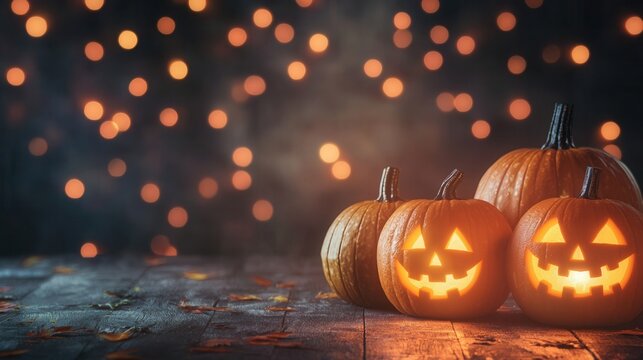 halloween festival. Three carved pumpkins with glowing bokeh lights in the background.