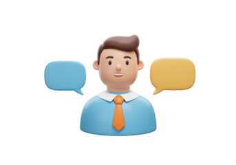 Isolated 3D Render of a Cartoon Businessman with Two Speech Bubbles
