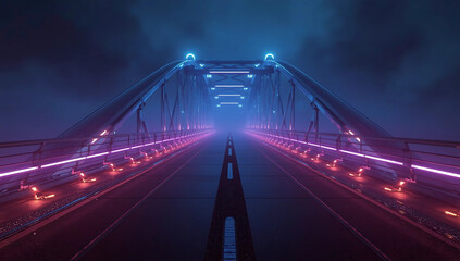 Obraz premium A futuristic bridge glowing with neon blue and pink lights in a mysterious foggy night. Created with AI generative illustration, showing a modern cyberpunk-style atmosphere.