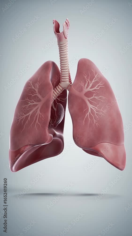 Poster human lungs and trachea in hyperrealistic 3d render on light blue background with intricate anatomic