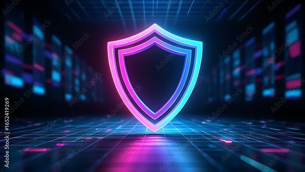 Poster glowing neon shield emblem with futuristic circuit board background representing digital security an