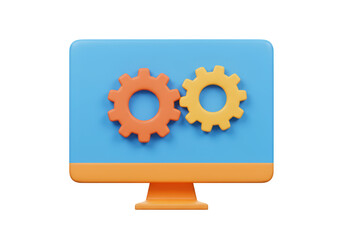 Isolated 3D Render of a Computer Monitor with Two Gears for System Settings