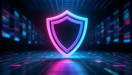 Glowing neon shield emblem with futuristic circuit board background representing digital security and cyber protection in a vibrant blue and pink color scheme