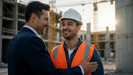 Two men, a businessman and a construction worker, exchanging a friendly greeting and hand on shoulder with a smile at a building site, footage. - Powered by Adobe
