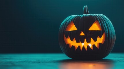 Fototapeta premium halloween concept. Spooky carved pumpkin glowing in the dark.