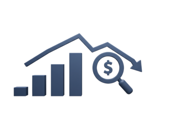 Isolated 3D Render of a Declining Financial Graph with Magnifying Glass and Dollar Sign, Symbolizing Economic Downturn