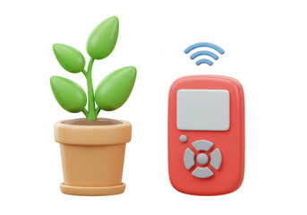Isolated 3D Render of a Potted Plant and a Remote Control, Representing Smart Home Technology or...